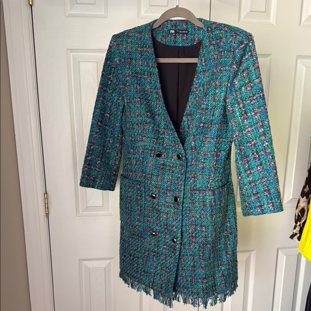 Zara Blue and Pink Tweed Longline Blazer/Dress with Frayed Hem